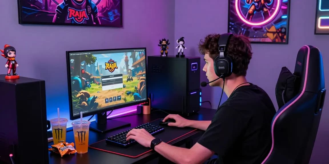 Engaging Raja Game login scene with player at desktop and RGB lights.