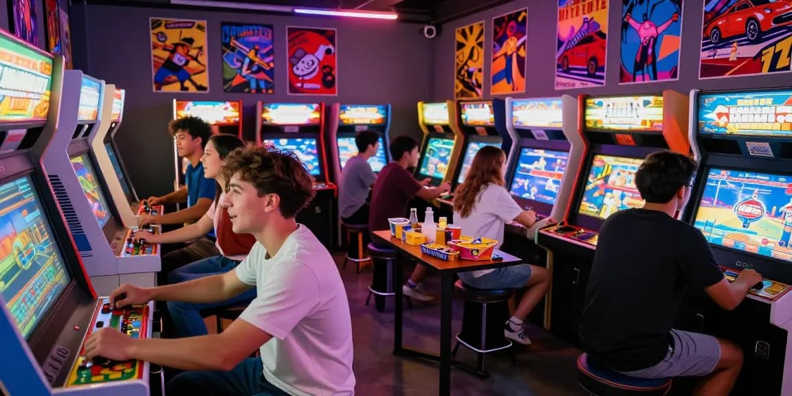 Suasana permainan arcade yang meriah dengan kelompok muda bermain terjun4d dan menertawakan momen kesenangan.