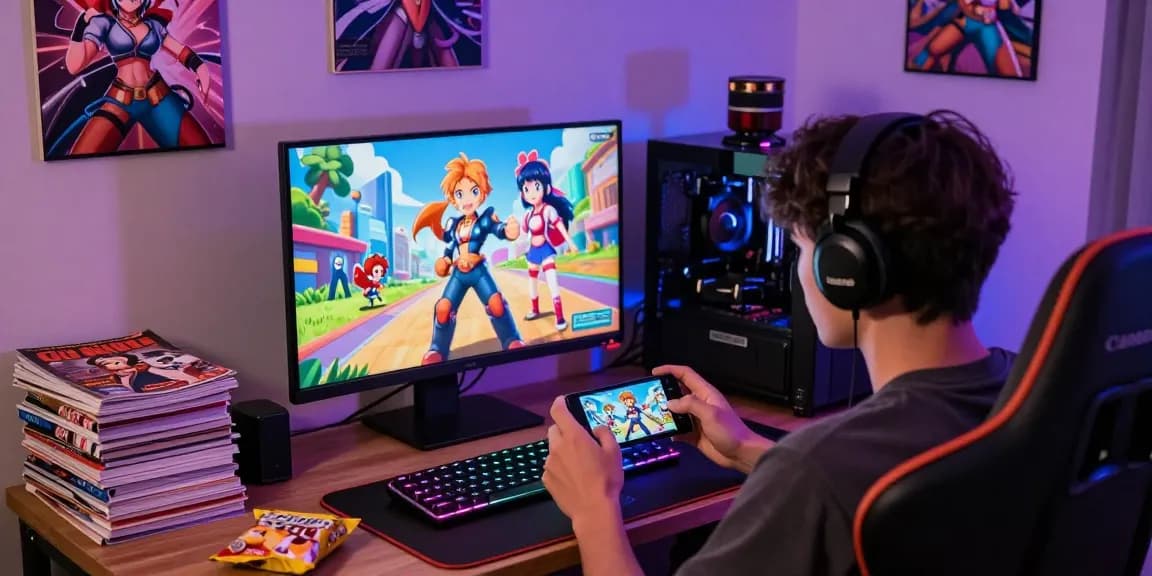 Engaged player enjoying hentai games on mobile device in a cozy gaming setup.