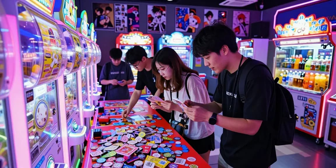 Gacha168: Enthusiast at colorful arcade engaging with gacha machines and collectibles.