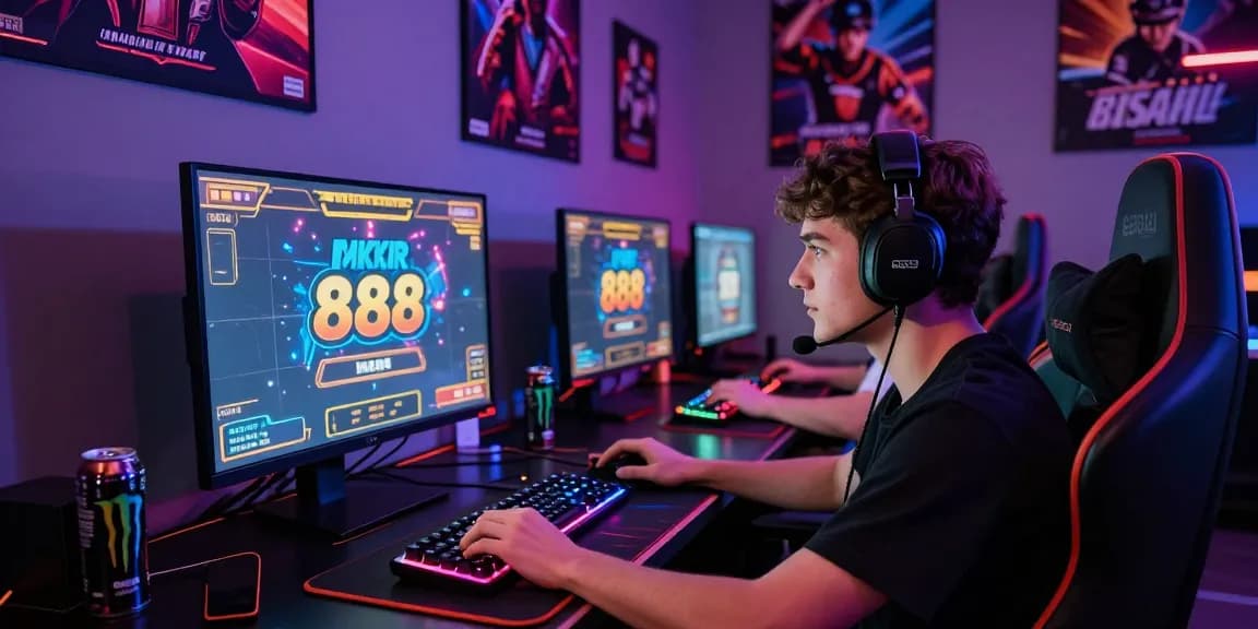 Engaged gamer playing pkr-888 in a vibrant gaming setup with LED lighting and motivational posters.