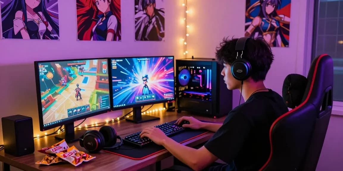 Engaging player immersed in hentai games surrounded by colorful visuals and anime decor.