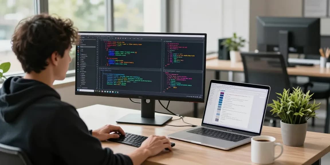 Developer menggunakan 68gb di ruang kerja modern dengan komputer dan kopi