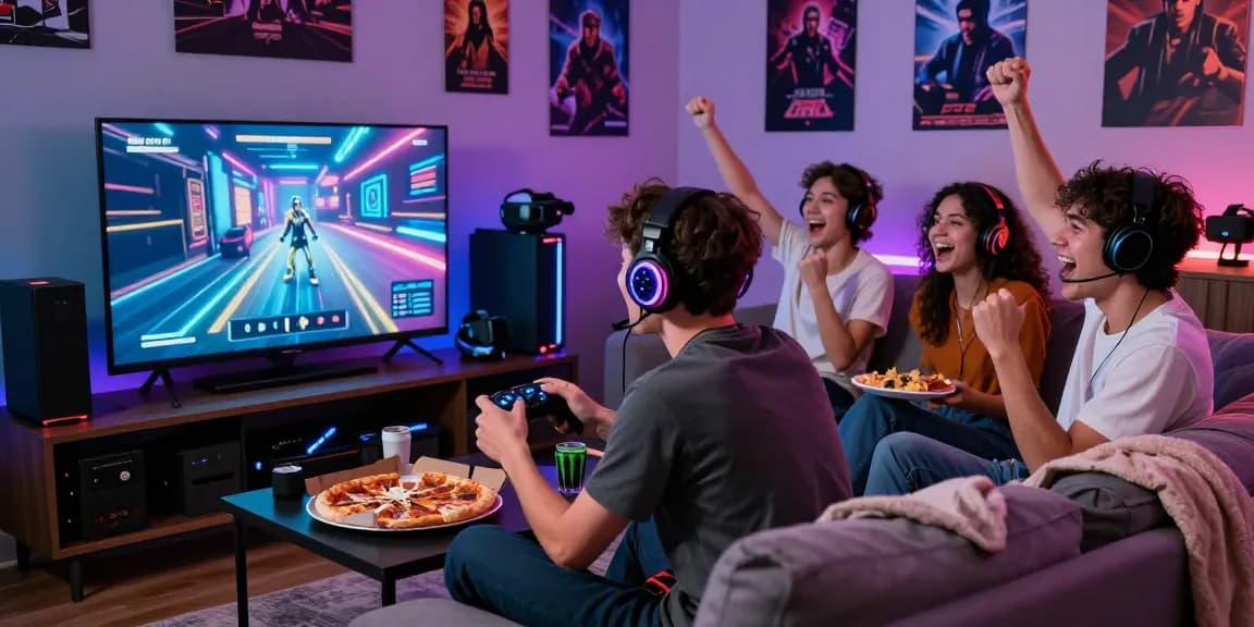 Suasana permainan terjun4d dengan teman-teman bermain video game bersama, dipenuhi semangat dan kesenangan.