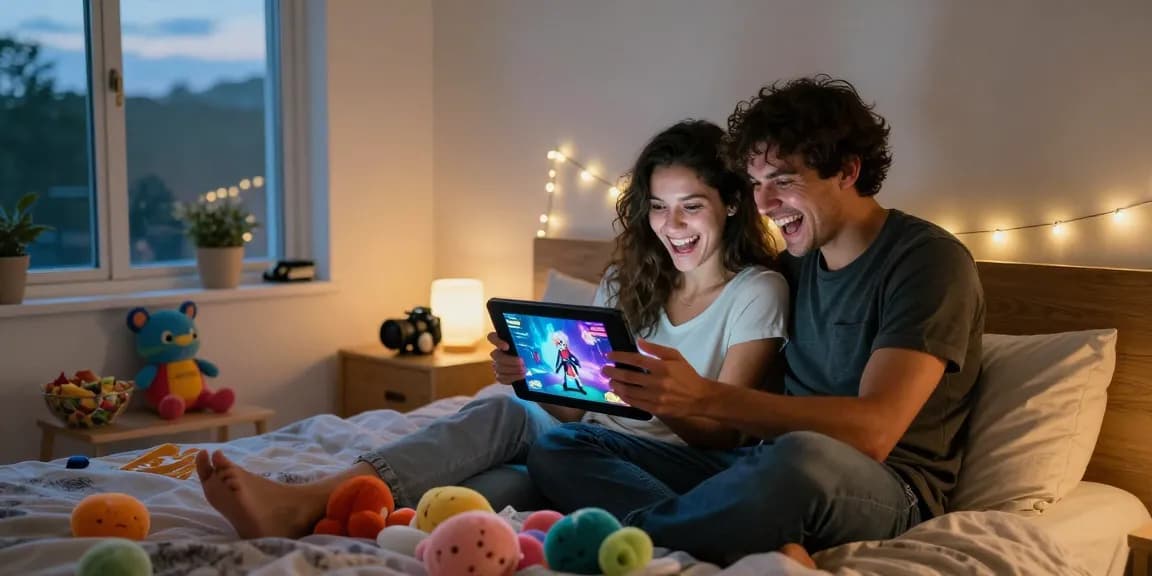 Couple enjoying an android hentai game together in a cozy bedroom setting.