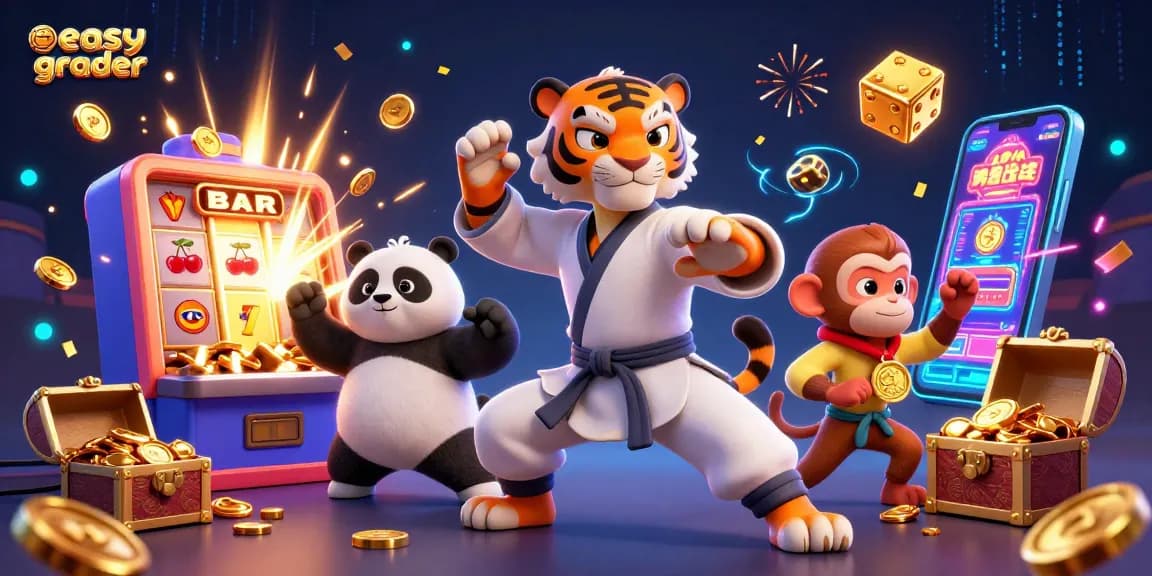 Engaging illustration of easy grader tool helping teachers grade exams, featuring vibrant casino elements and playful characters.