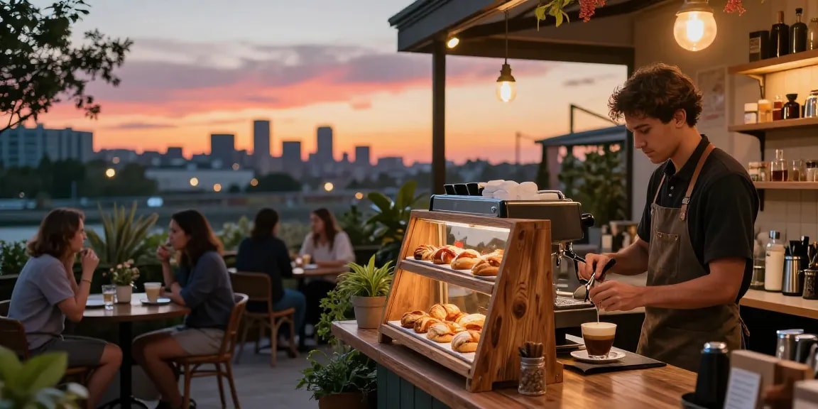 Barista di https://miami4d.com/ menyajikan kopi spesial di kafe outdoor saat senja.
