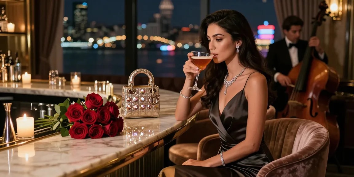 Beylikdüzü escort ortamında şık giyimli bir kadının lüks bir barda oturduğu görüntü.