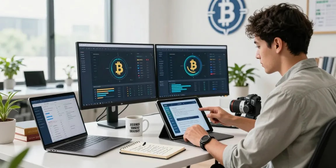 Expert recovering lost crypto in a modern office setting, showcasing dual monitors and recovery strategies.