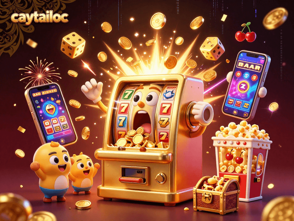Caytailoc slot machine celebrates a jackpot with coins falling, surrounded by vibrant casino symbols.