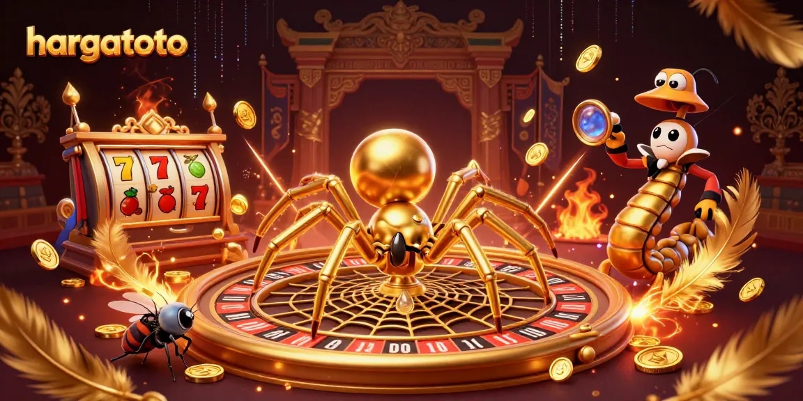 Experience hargatoto's thrilling bets as a fly attempts to win at a roulette wheel web.