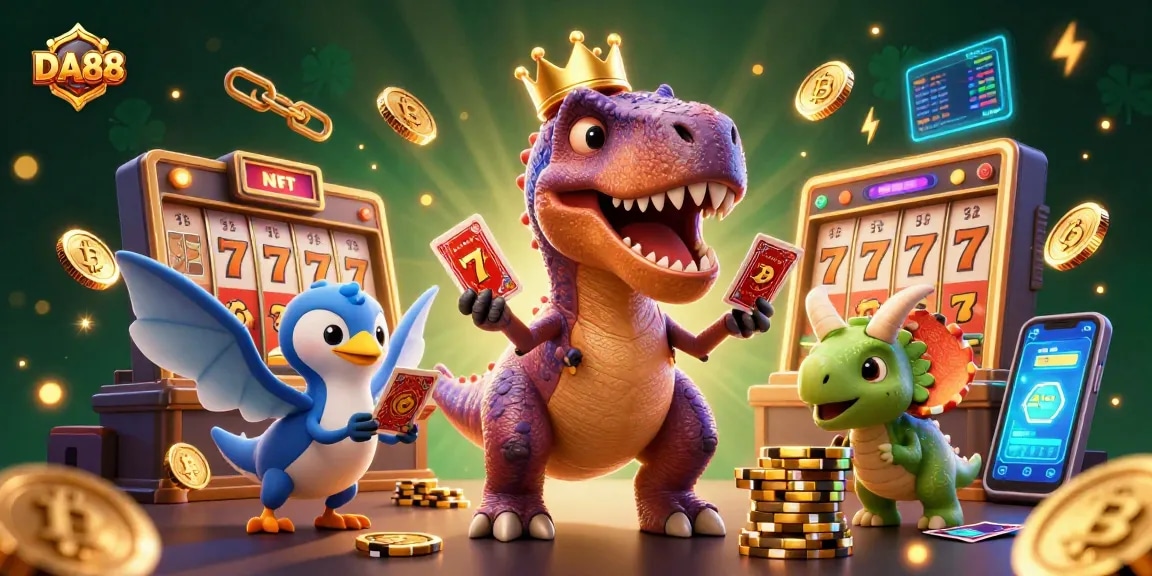 Engage in thrilling gameplay with DA88, featuring animated dinosaurs, vibrant casino elements, and neon crypto coins.