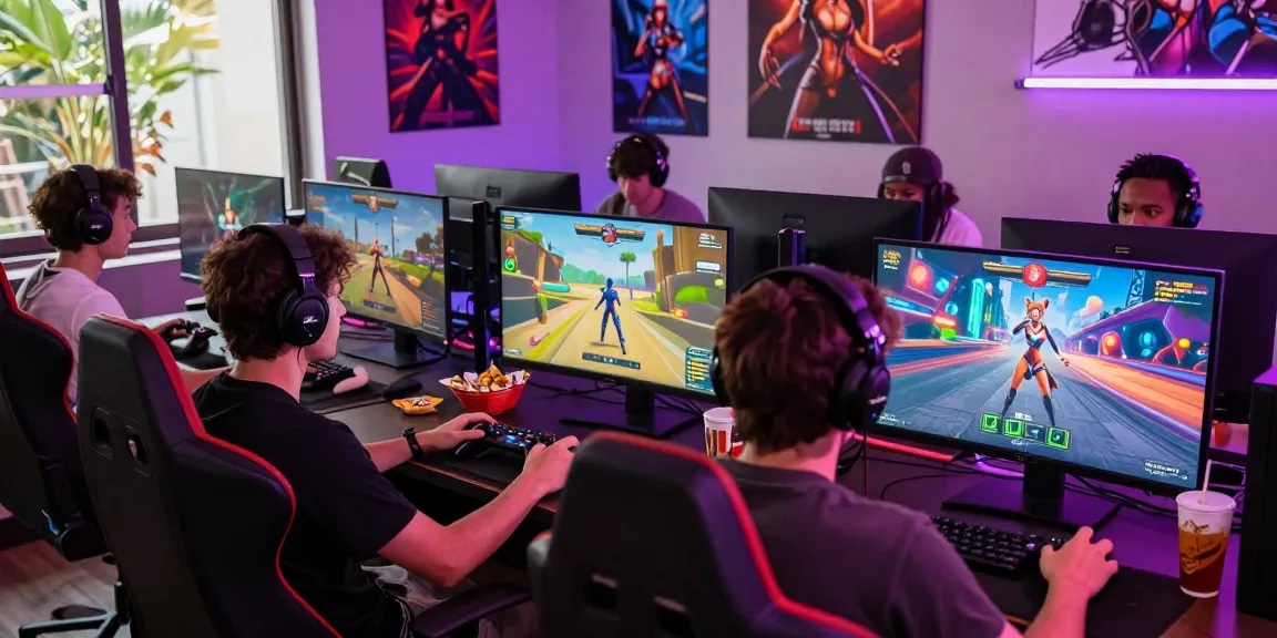 Players enjoying a thrilling 3D hentai game in a vibrant gaming setting, showcasing engagement and excitement.