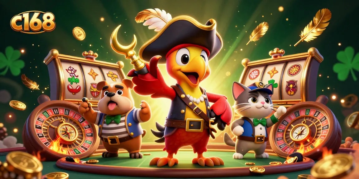 c168 pirate captain parrot directing a vibrant casino scene with slot reels and coins, showcasing fun gambling