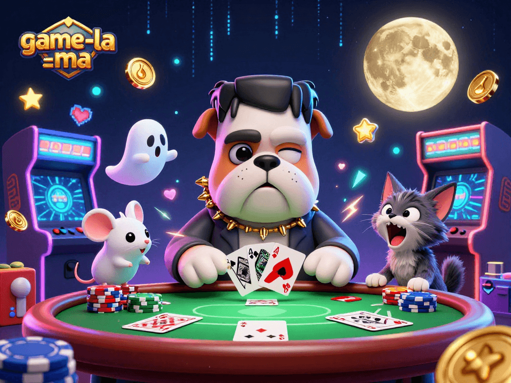 Engage with game-la-ma's lively poker scene featuring a funky bulldog monster dealing cards amidst colorful gaming elements.