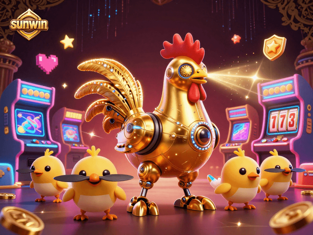 Experience the excitement of sunwin with a vibrant 3D illustration of a futuristic rooster shooting lasers amidst dynamic gaming elements.