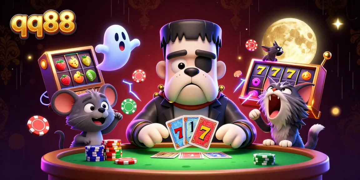 Engage with qq88 slots as a playful Frankenstein bulldog deals cards at a vibrant casino table.