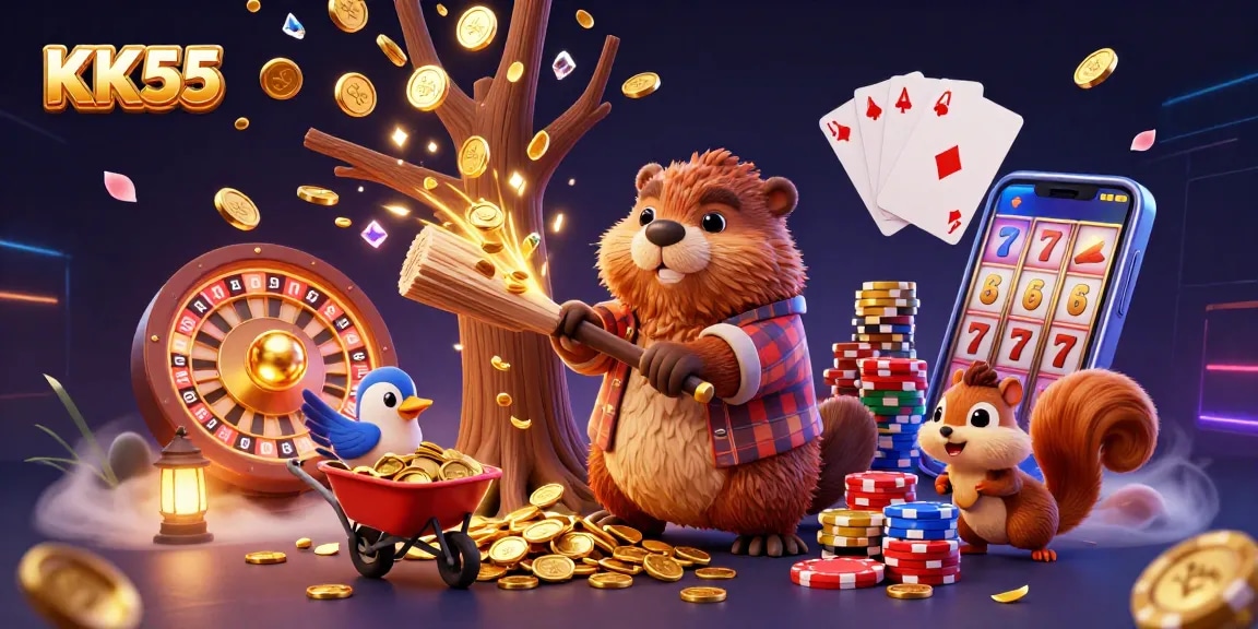 Engage with KK55, where a cartoon beaver wins golden coins in a vibrant casino scene.