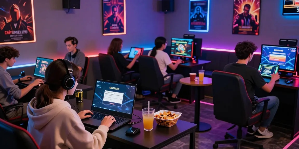 Engaging gaming scene showing players logging into Login Cemeslot Resmi amidst a vibrant, modern lounge.