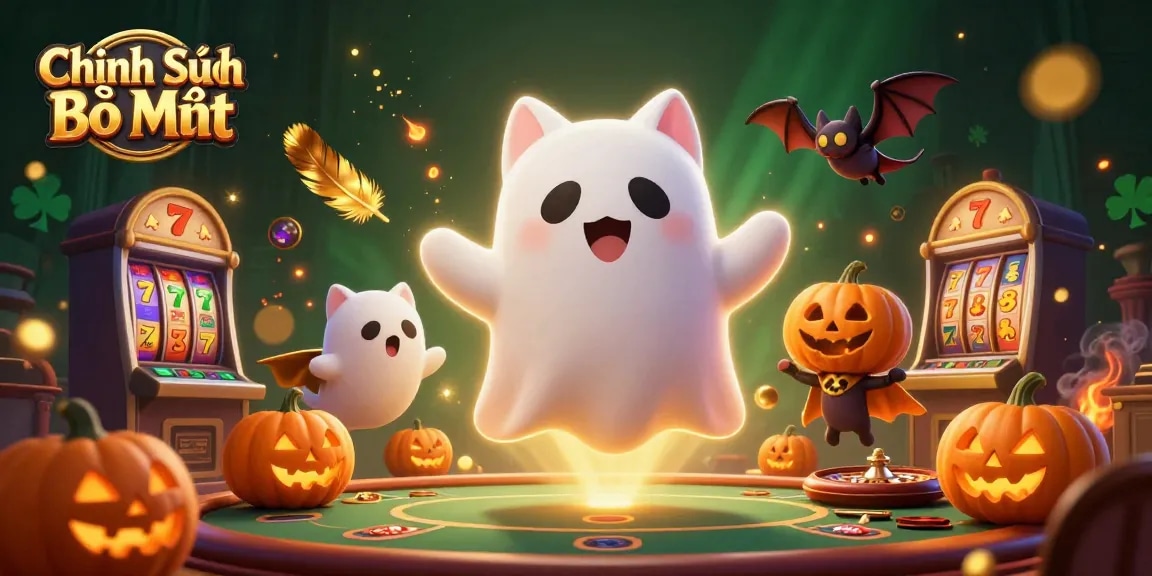 Engaging illustration representing Chính Sách Bảo Mật in a haunted casino theme with characters and slot elements.