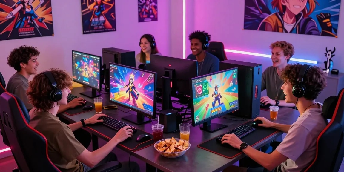 Friends enjoying a hentai game session together on high-end gaming setup with vibrant graphics.