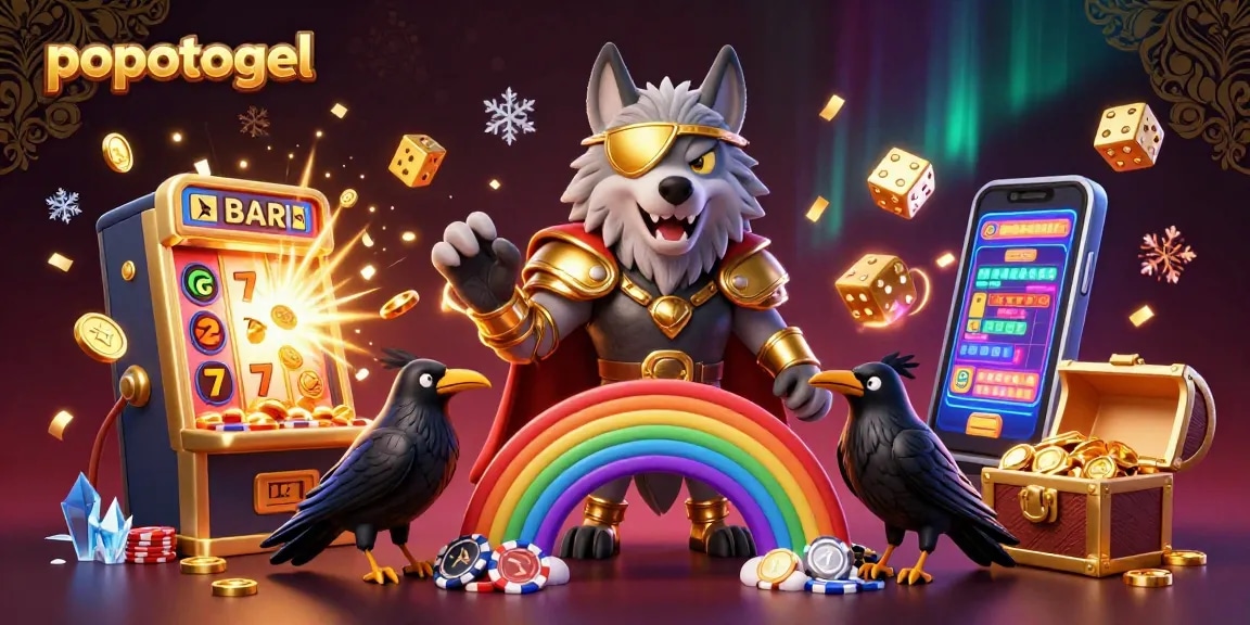 Experience the thrill of popotogel with a vibrant casino scene featuring Odin, glowing symbols, and interactive elements.
