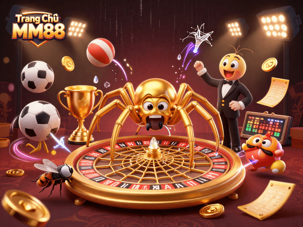 Engage in thrilling gameplay at Trang Chủ MM88 with a dynamic golden spider web roulette scene.