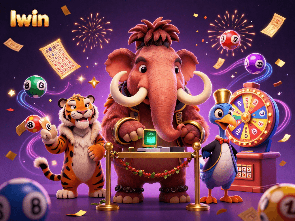 Iwin captures the excitement of a vibrant casino scene with a mammoth bouncer, a saber-tooth tiger, and a dodo doorman.
