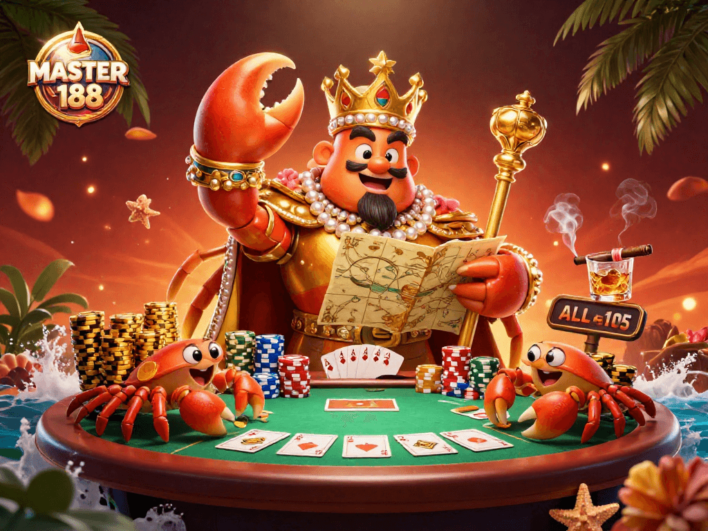 Engage in thrilling games at MASTER188, featuring a majestic crab empress with treasures in a vibrant casino scene.