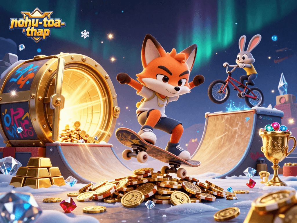 Experience the thrill of nohu-toa-thap with a lively fox and rabbit in a vibrant casino scene.