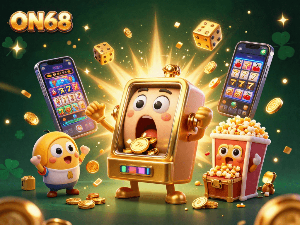 Experience the thrill of ON68's jackpot explosion with an animated slot machine and festive casino elements.