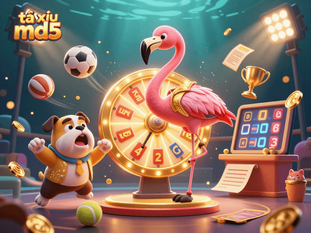 Engage with tài xỉu md5 as the flamingo host spins the prize wheel surrounded by dynamic sports elements.