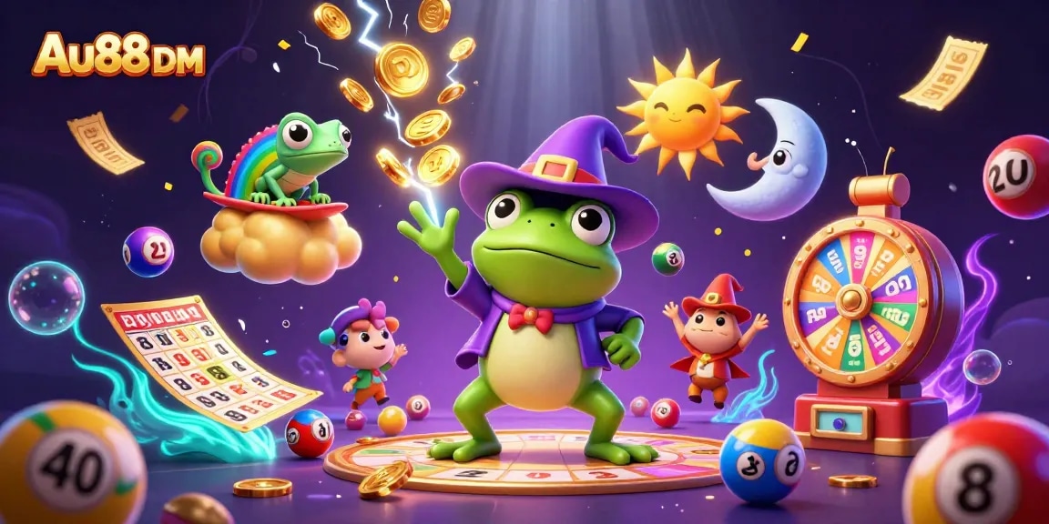 Experience the thrill of winning with Au88 DM as a weather wizard frog conjures golden coins amidst vibrant casino elements.