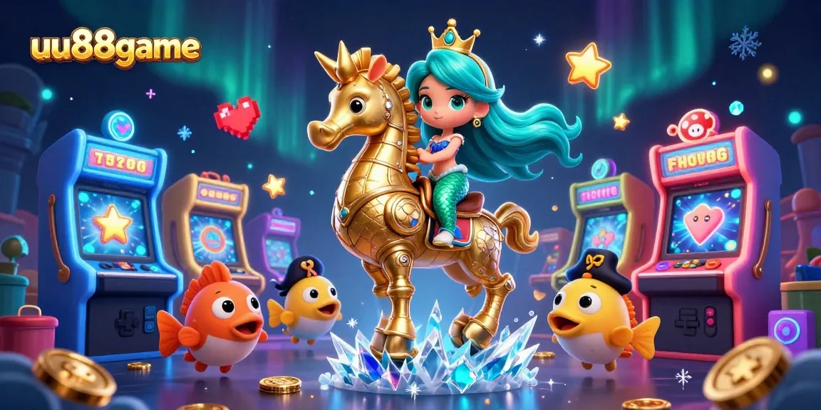 Play exciting games at uu88game with vibrant mermaids, seahorses, and gaming elements.