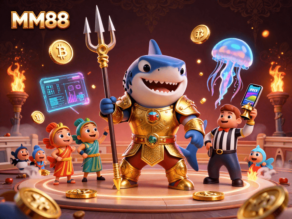 Experience the excitement of MM88 with a dynamic underwater casino scene featuring vibrant characters and elements.