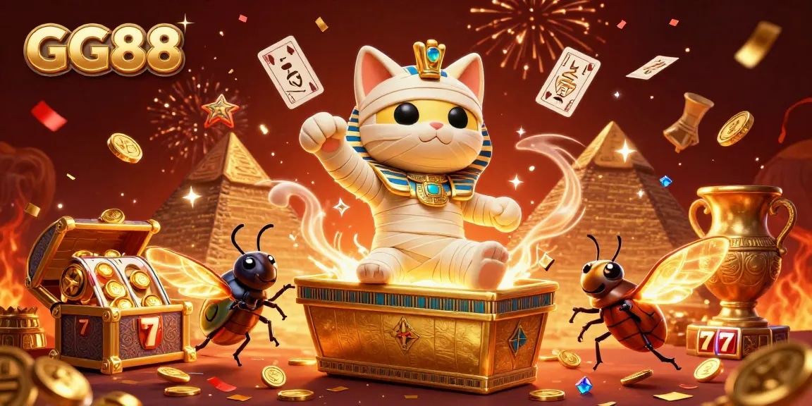 Experience dynamic casino thrills with GG88 in this vibrant 3D illustration featuring a mummy cat.