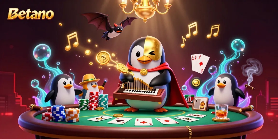Experience the thrill of Betano with a captivating scene of a penguin playing an organ of golden coins amidst a vibrant poker atmosphere.