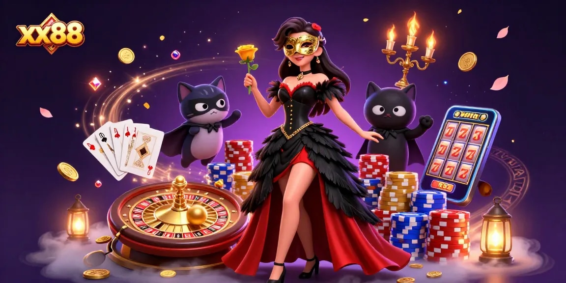 Experience thrilling gaming with xx88, featuring vibrant casino elements and stylish characters.