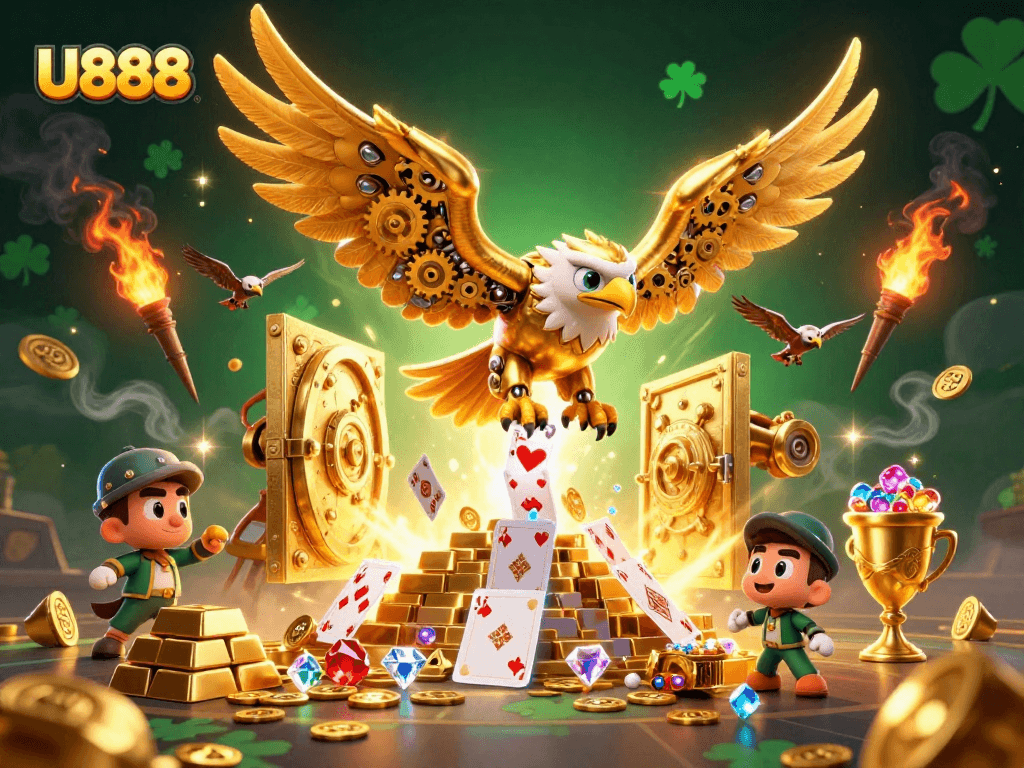 Experience the thrill of U888 with a golden eagle amidst dynamic casino elements and treasures.