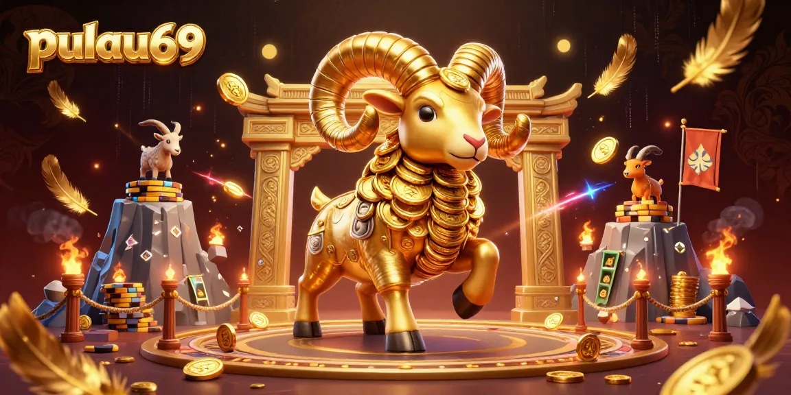 Experience pulau69 in this vibrant 3D casino scene featuring a golden ram charging through a dynamic gambling arena.