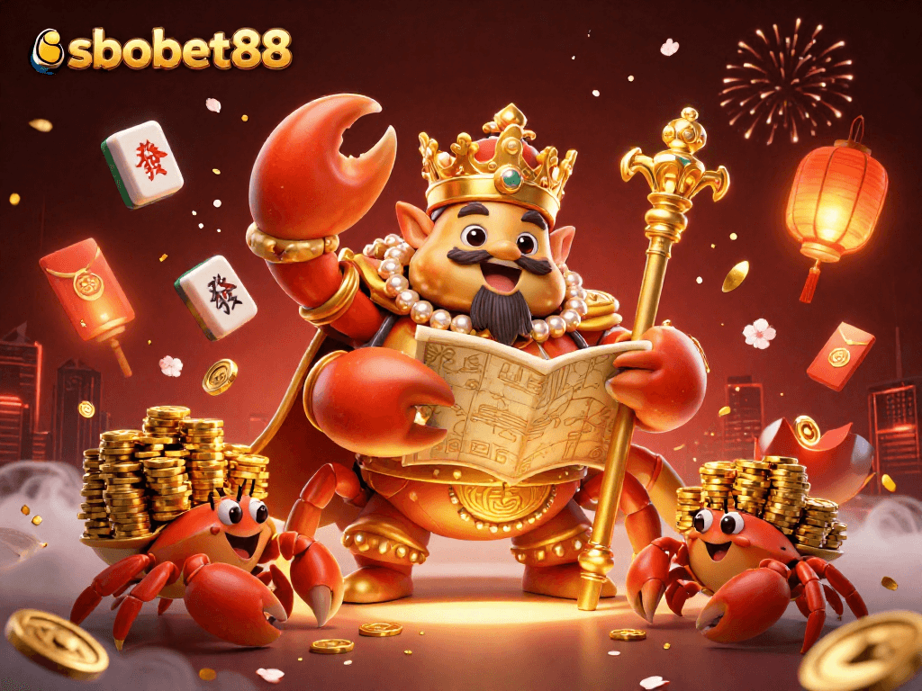 Engage with sbobet88 at an exciting 3D casino scene featuring a golden crab emperor and vibrant decorations.