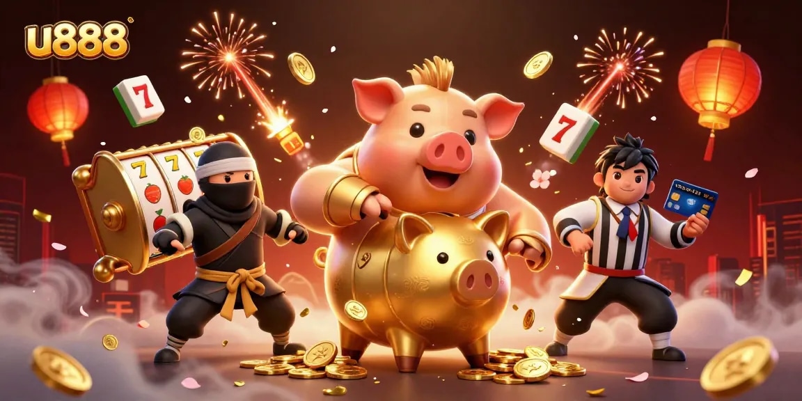 Experience thrilling gameplay with u888's vibrant piggy bank sumo wrestler amidst golden winnings.