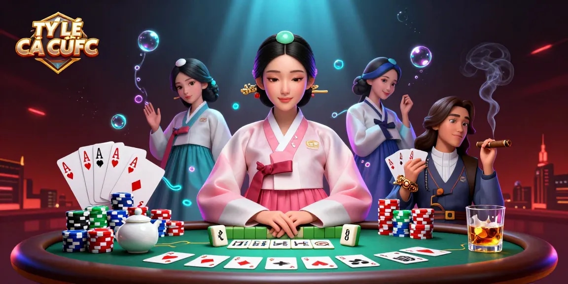 TỶ LỆ CÁ CƯỢC features a serene elegant Asian woman in hanbok at a poker table with dynamic betting elements.