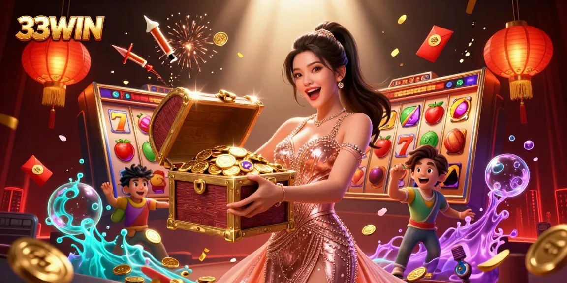 Engage with the 33WIN casino experience featuring a joyful woman revealing treasures within a gold-filled chest