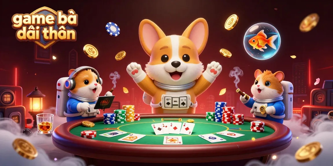Experience thrilling game bài đổi thưởng with a cartoon astronaut corgi in a zero gravity casino scene.