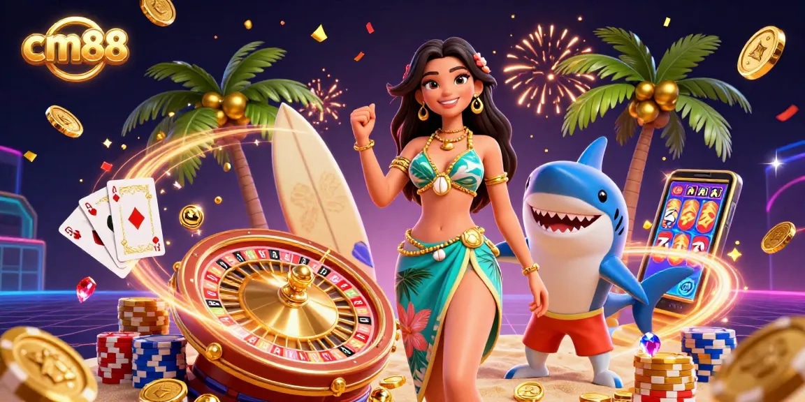 Play exciting games at cm88, featuring a glamorous woman and surfing shark delighting in casino thrills.