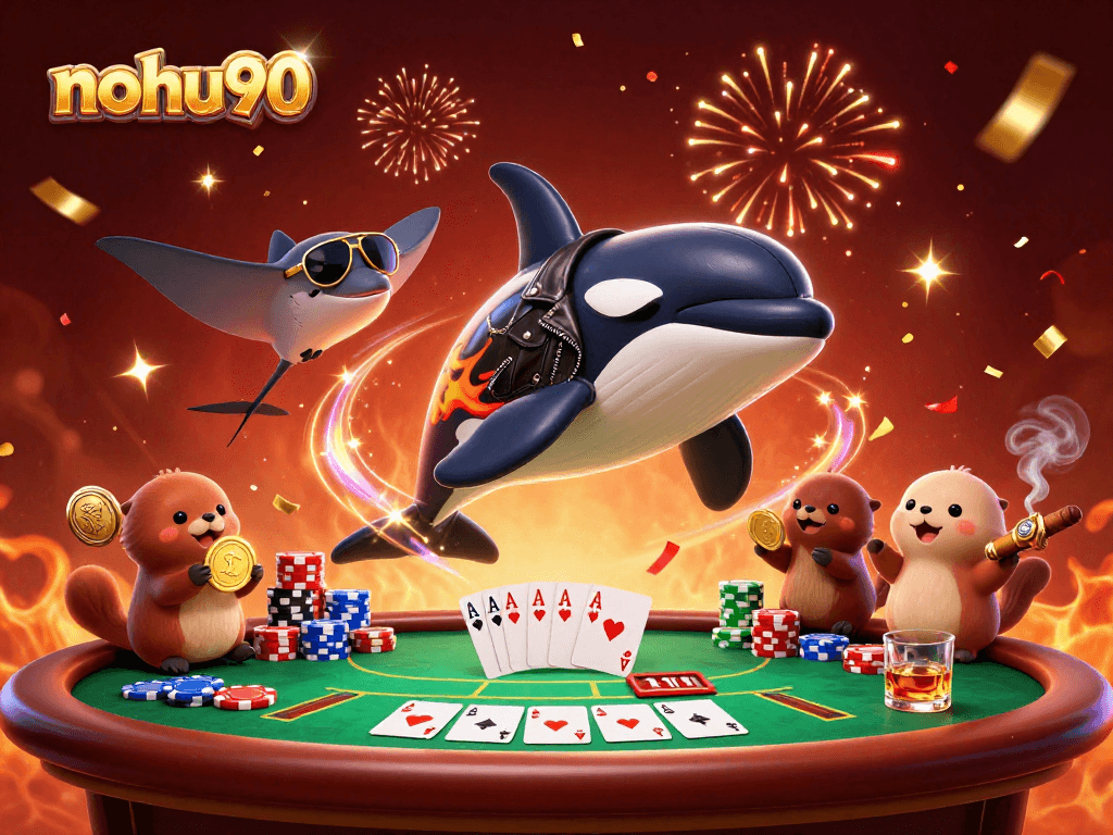 Experience thrilling gameplay with nohu90 as the orca leaps while otters hold golden coins and a stingray watches.
