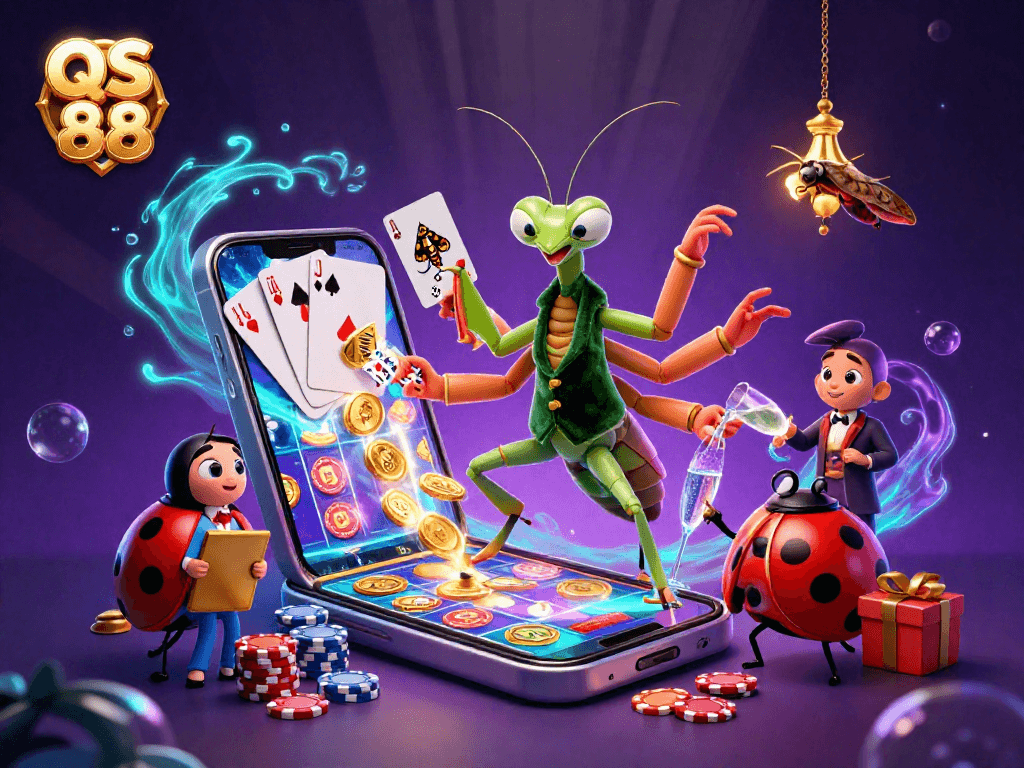 Experience the vibrant world of QS 88, where a giant mantis dealer orchestrates a thrilling casino scene.