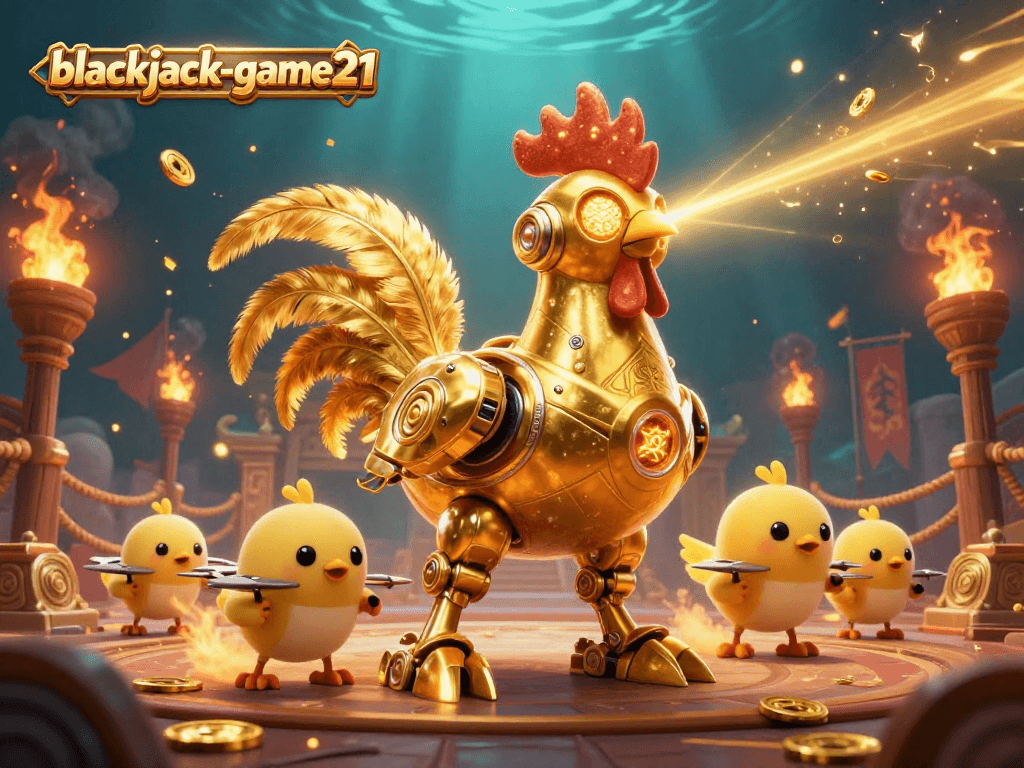 Experience the excitement of blackjack-game21 in a vibrant 3D casino scene with dynamic characters and gold coins.
