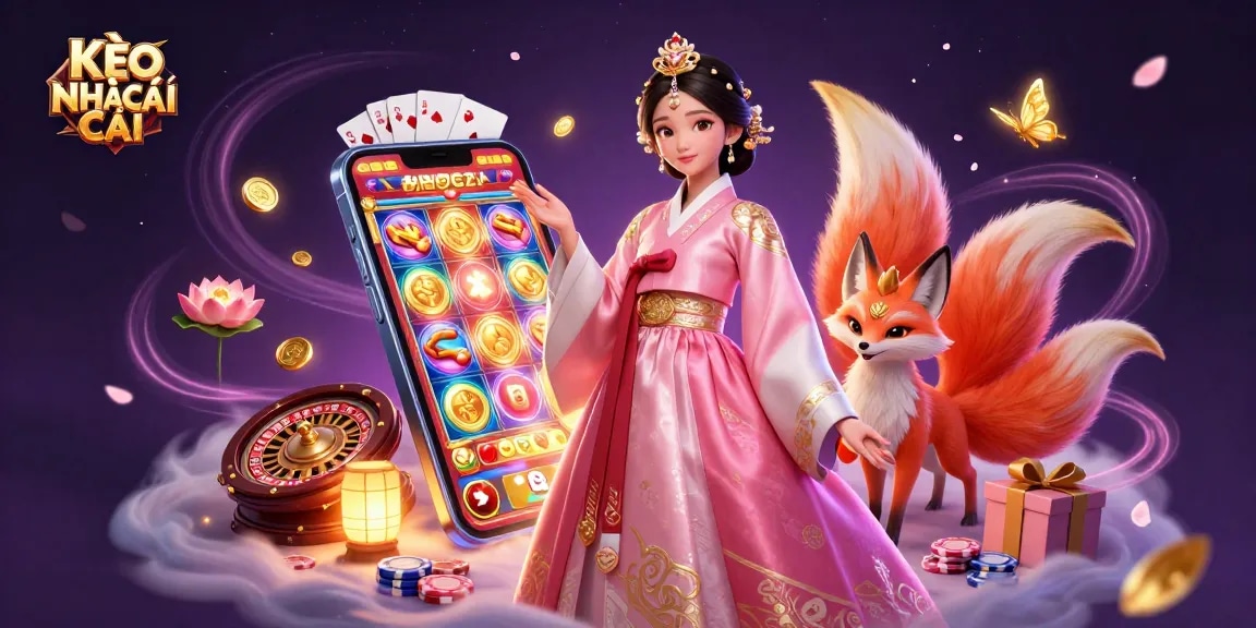 Engage in KÈO NHÀ CÁI with dynamic 3D illustration showcasing vibrant casino elements and a graceful Asian woman.